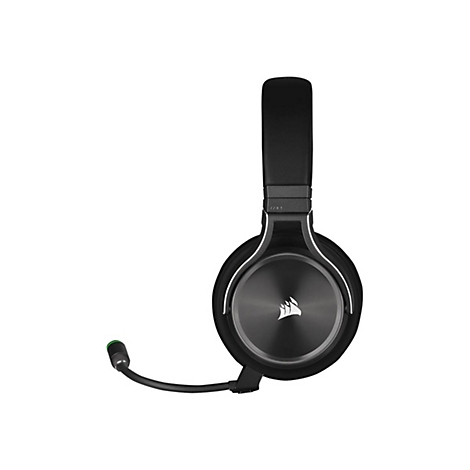 Schwarzes Gaming-Headset mit Mikrofon, das einen weißen Hintergrund zeigt.