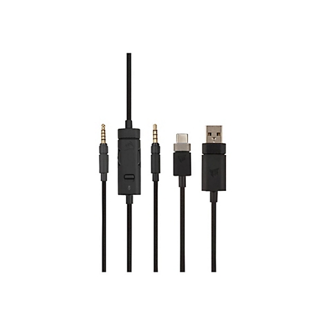 Mehrere schwarze Verbindungskabel mit unterschiedlichen Anschlüssen wie Klinke, USB-C und USB-A vor weißem Hintergrund.