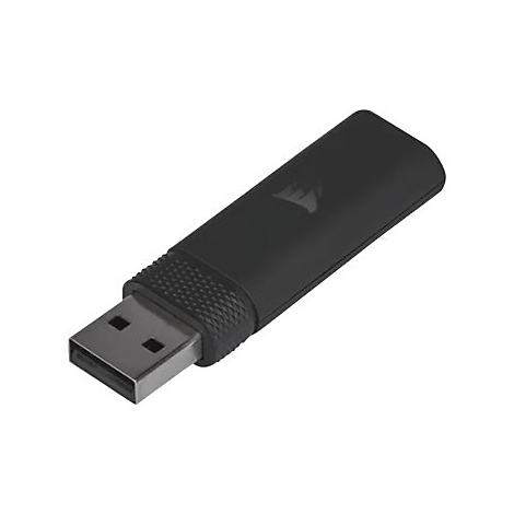 Schwarzer USB-Stick mit Corsair-Logo und geriffelter Grifffläche vor weißem Hintergrund.