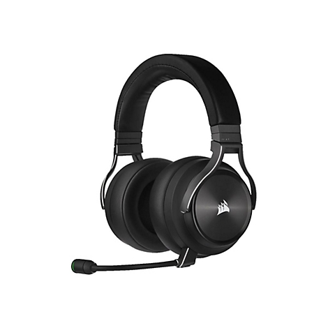 Schwarzes Corsair Gaming-Headset mit Ohrpolstern, Kopfbügel und Mikrofon vor weißem Hintergrund.