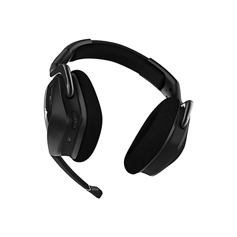 Schwarzes Headset mit Mikrofon auf weiÃŸem Hintergrund. Die Ohrmuscheln sind gepolstert und oval. Der KopfbÃ¼gel ist verstellbar.