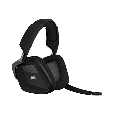 Schwarzes Headset mit Mikrofon, Corsair Logo auf der Ohrmuschel, vor weiÃŸem Hintergrund.