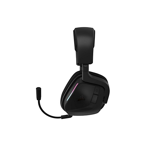 Schwarzes Corsair Gaming-Headset in Seitenansicht mit Mikrofonarm und RGB-Beleuchtung.