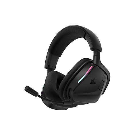 Schwarzes Corsair Gaming-Headset mit Stoffpolstern, klappbarem Mikrofon und dezenter RGB-Beleuchtung auf weißem Hintergrund.