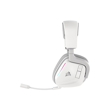 Weißes Gaming-Headset mit Mikrofon und RGB-Beleuchtung. Das Headset liegt auf weißem Hintergrund.