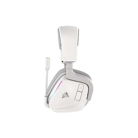 Weißes Gaming-Headset. Sichtbar sind Ohrmuschel, Mikrofon, gepolsterter Bügel und Steuerelemente. Die Ohrmuschel hat eine RGB-Beleuchtung.