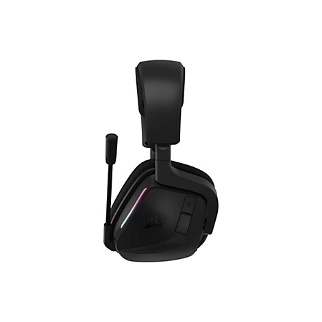 Schwarzes Corsair Gaming-Headset mit seitlichem Mikrofon und subtiler RGB-Beleuchtung auf weißem Hintergrund.