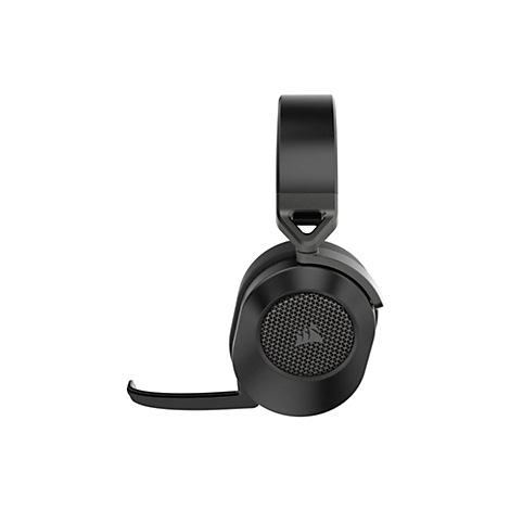Casque noir avec microphone sur fond blanc.
