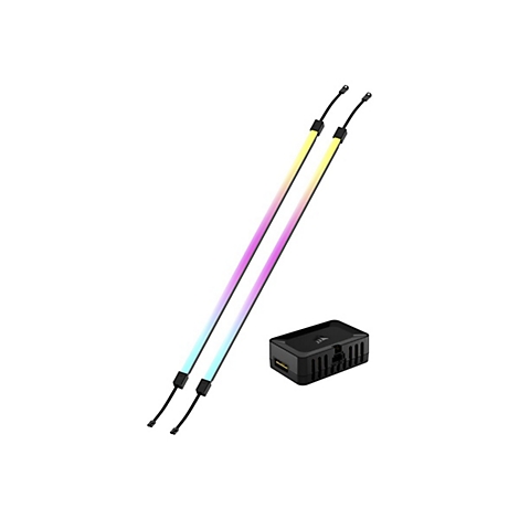 Zwei schlanke, leuchtende RGB-LED-Streifen und ein schwarzes Steuerungsmodul vor weißem Hintergrund.