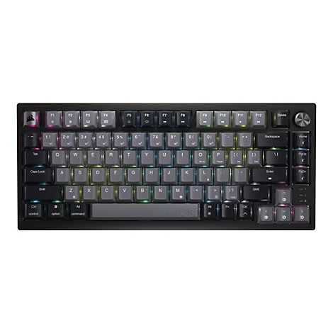 Schwarze, kompakte Corsair Gaming-Tastatur mit RGB-Beleuchtung und Lautstärkedrehregler vor weißem Hintergrund.