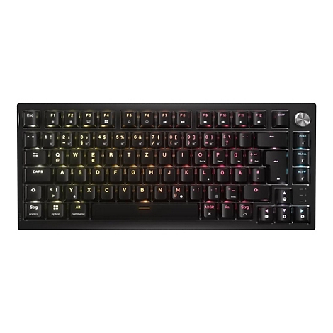 Schwarze mechanische Gaming-Tastatur im 75-Prozent-Layout mit RGB-Beleuchtung und einem Drehregler oben rechts.