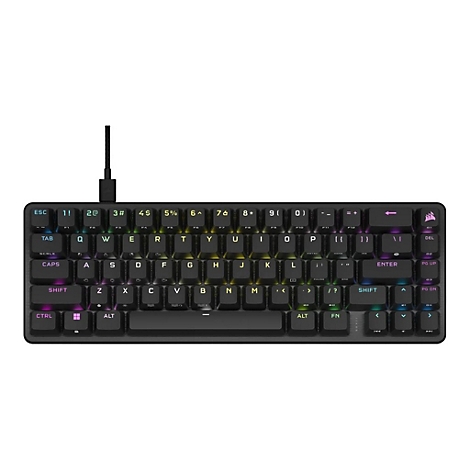 Schwarze, kompakte Corsair Gaming-Tastatur mit RGB-Hintergrundbeleuchtung vor neutralem Hintergrund.