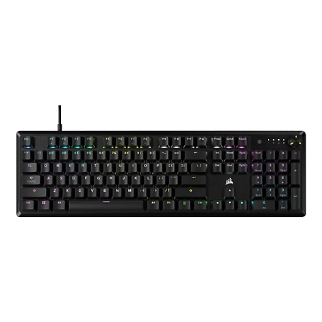 Schwarze mechanische Gaming-Tastatur mit RGB-Beleuchtung und Ziffernblock auf weißem Hintergrund.