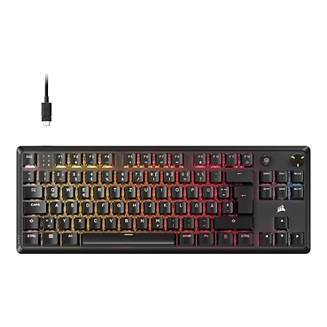 Schwarze Corsair Gaming-Tastatur mit QWERTZ-Layout und bunter RGB-Hintergrundbeleuchtung vor weißem Hintergrund.