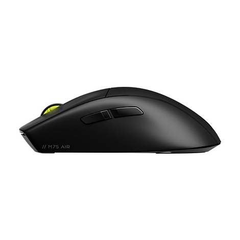 Schwarze kabellose Gaming-Maus in Seitenansicht mit neongelbem Scrollrad und dem Schriftzug M75 AIR.