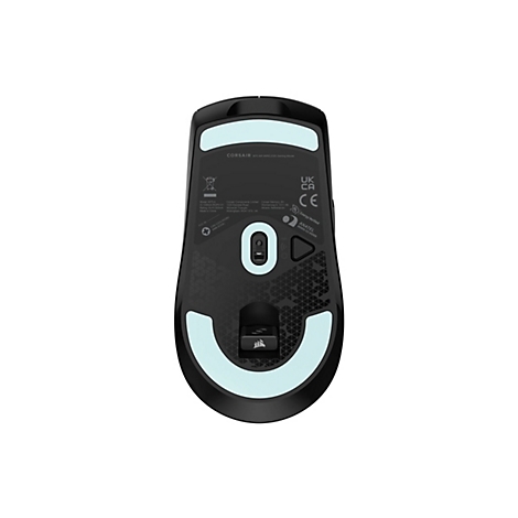 Unterseite der schwarzen Corsair M75 Wireless Gaming Maus mit Sensor und hellem Gleitpad.