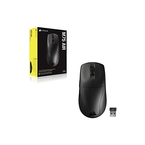 Schwarze kabellose Gaming-Maus Corsair M75 AIR mit Verpackung und USB-Empfänger auf weißem Grund.