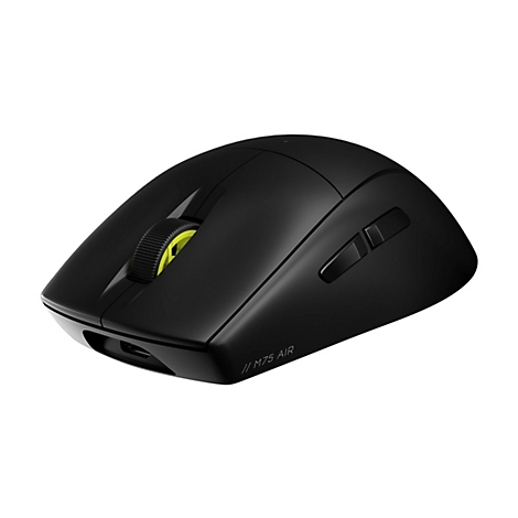 Schwarze kabellose Gaming-Maus mit gelbem Scrollrad und Aufschrift M75 AIR auf weißem Hintergrund.