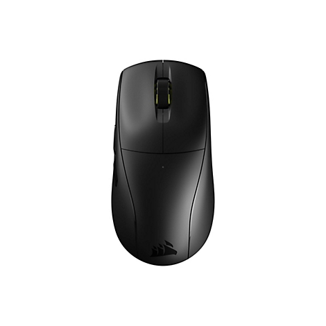 Schwarze kabellose Gaming-Maus in der Draufsicht auf weißem Hintergrund mit Corsair-Logo.