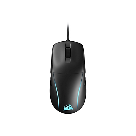Schwarze Gaming-Maus mit blauen LED-Details und Corsair-Logo. Kabel nach oben.
