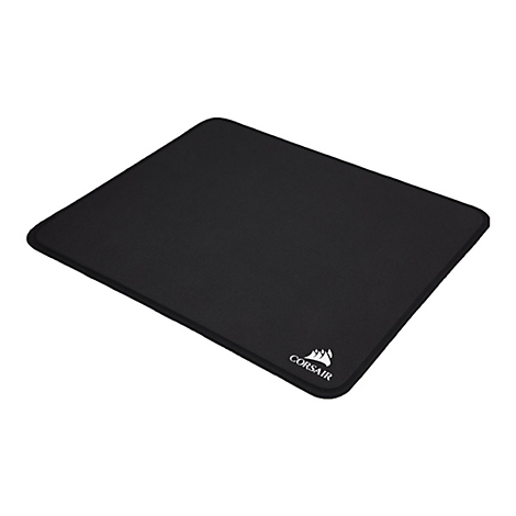 Tapis de souris rectangulaire noir avec logo Corsair blanc.