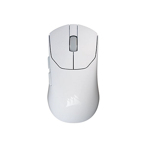 Weiße Gaming-Maus in der Draufsicht auf weißem Hintergrund mit Corsair Logo.