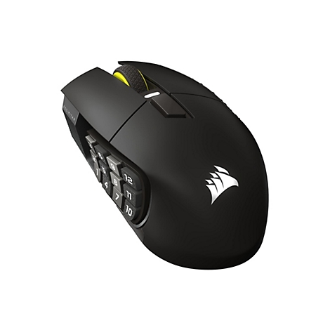 Schwarze Gaming-Maus mit gelbem Scrollrad und Seitentasten. Auf der Seite befinden sich nummerierte Tasten.