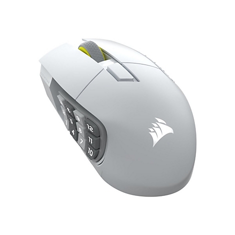Souris de jeu grise avec 12 boutons sur le côté, molette de défilement jaune et logo Corsair.