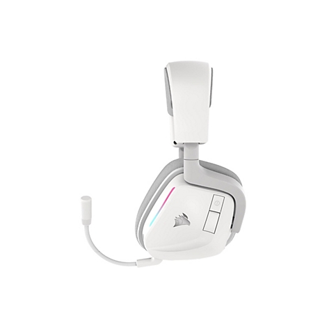 Casque de jeu blanc avec microphone sur fond blanc. Le casque affiche le logo Corsair et des effets de lumière.