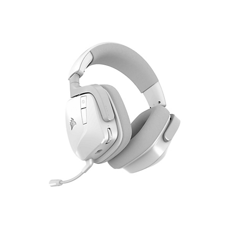 Casque de jeu blanc sur fond blanc, coussinets d'oreille gris, microphone.