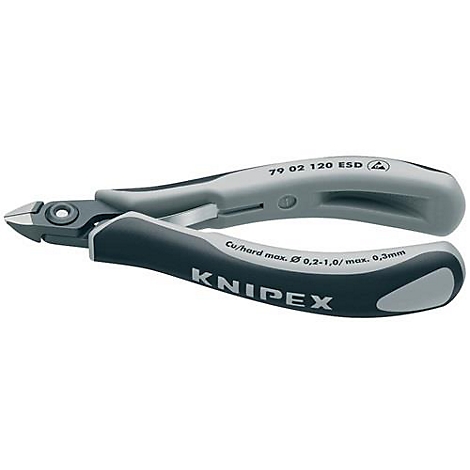 Pinces coupantes latérales Knipex. Poignées grises, lames noires, lettrage.