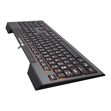 Schwarze Gaming-Tastatur von Cougar mit orangefarbener Tastenbeleuchtung in Seitenansicht vor weißem Hintergrund.