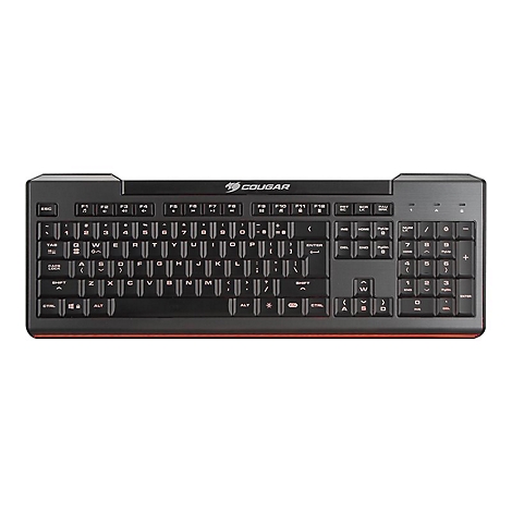 Schwarze Cougar Gaming-Tastatur mit QWERTZ-Layout und roter Beleuchtung am unteren Rand vor weißem Hintergrund.