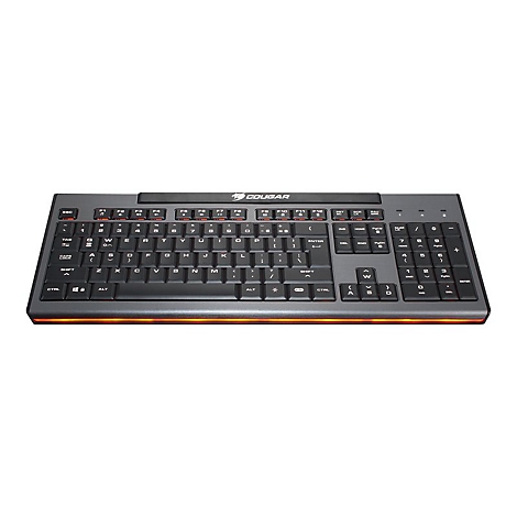 Schwarze Cougar Gaming-Tastatur mit orangefarbener Beleuchtung am unteren Rand auf weißem Hintergrund.