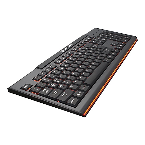 Schwarze Cougar Gaming-Tastatur mit orangefarbener Randbeleuchtung in Schrägansicht vor weißem Hintergrund.
