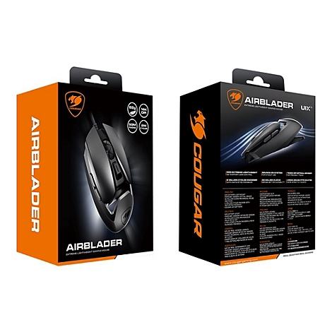 Zwei Produktverpackungen der Cougar Airblader Gaming-Maus mit Produktbild und technischen Spezifikationen.