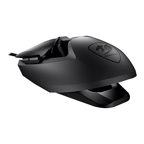 Schwarze Cougar Gaming-Maus in einer dynamischen Seitenansicht vor weißem Hintergrund.
