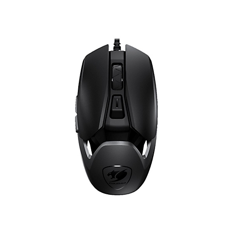 Schwarze Cougar Gaming-Maus in der Draufsicht auf weißem Hintergrund.
