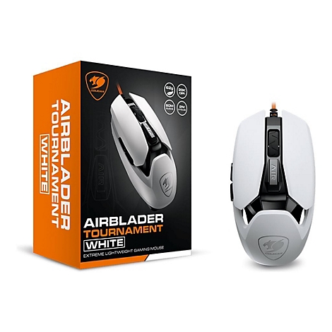 Weiße Cougar Airblader Tournament Gaming-Maus neben ihrer orange-schwarzen Produktverpackung.