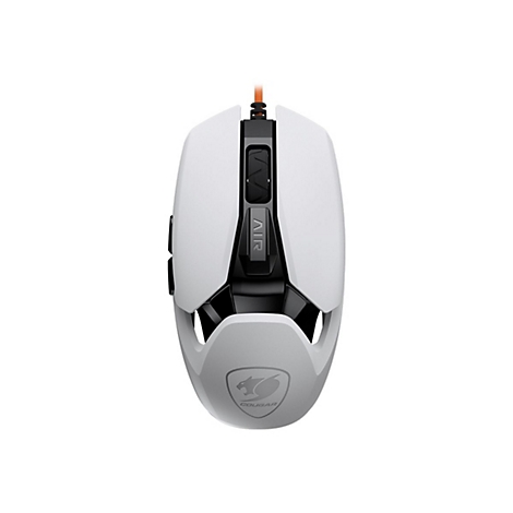 Weiße Gaming-Maus mit orangefarbenem Kabel, schwarzem Mausrad und Cougar-Logo auf weißem Hintergrund.