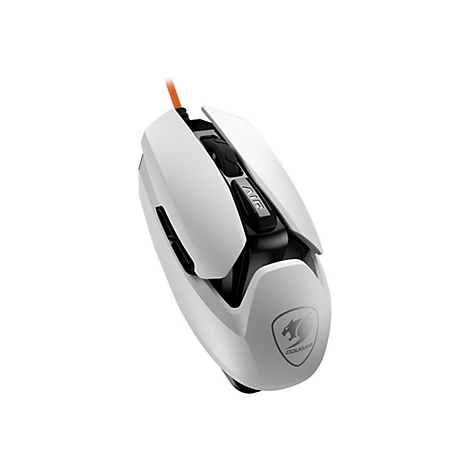 Weiße Cougar Gaming-Maus mit orangefarbenem Kabel vor weißem Hintergrund.