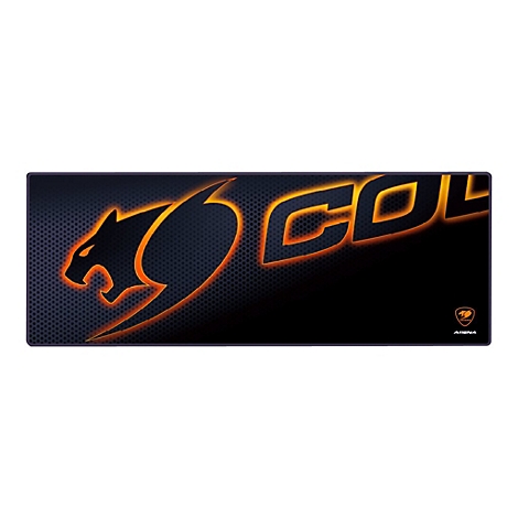 Schwarzes Mauspad mit COUGAR-Logo in Orange. Die Arena-Aufschrift und ein Cougar-Logo sind rechts unten.