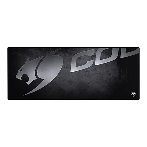 Schwarzes Mauspad mit Cougar-Logo. Silbernes Wildkatzen-Logo und Schriftzug auf strukturiertem Hintergrund.