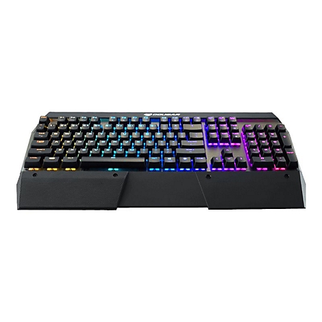 Schwarze Cougar Gaming-Tastatur mit bunter RGB-Beleuchtung und Handballenauflage vor weißem Hintergrund.