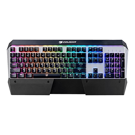 Schwarze Gaming-Tastatur mit mehrfarbiger RGB-Beleuchtung. Auf der Tastatur ist das Cougar-Logo zu sehen.