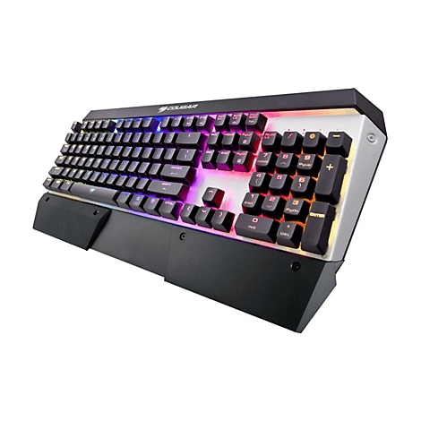 Cougar Gaming-Tastatur mit RGB-Beleuchtung auf silberner Basis und schwarzer Handballenauflage.