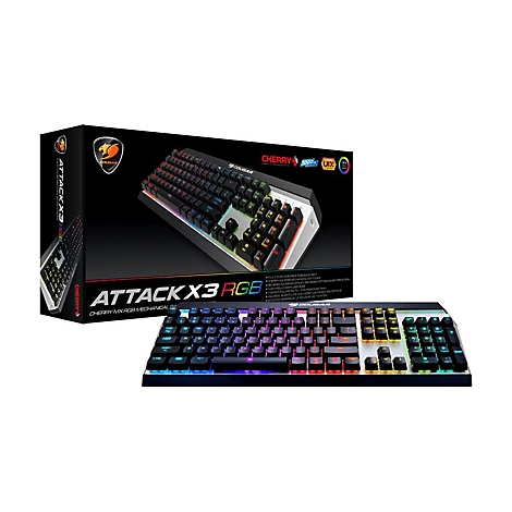 Cougar Attack X3 RGB mechanische Gaming-Tastatur mit bunter Beleuchtung vor der zugehörigen Produktverpackung.