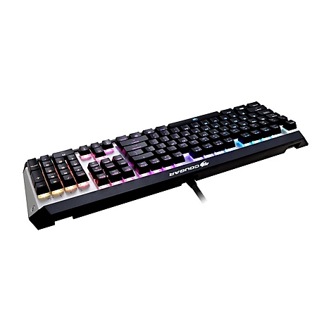 Schwarze Cougar Gaming-Tastatur mit RGB-Hintergrundbeleuchtung auf weißem Hintergrund.