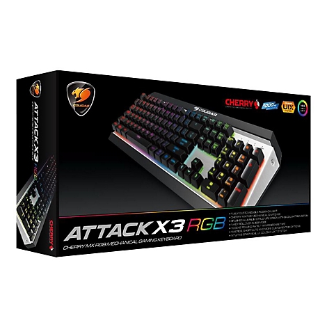 Auf schwarzem Hintergrund ist eine Tastatur in einer Verpackung abgebildet. Das Keyboard hat bunte LEDs. Auf der Verpackung steht 'ATTACK X3 RGB'.