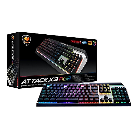 Mechanische RGB-Gaming-Tastatur Attack X3. Die Tastatur steht neben ihrer Verpackung.
